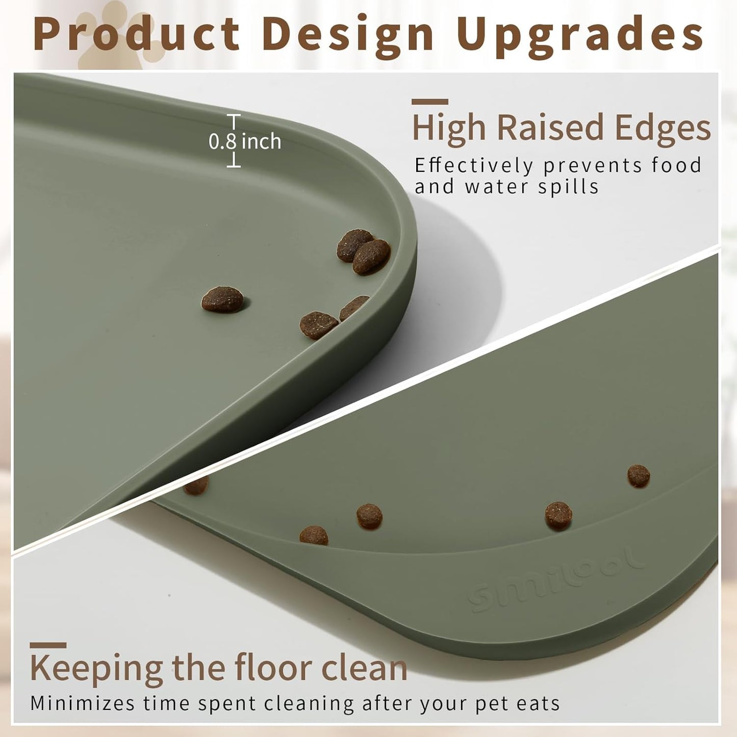 Silicone Pet Feeding Mat with Raised Edge & Residue Collection Pocket for Food and Water, Dog Bowl Mats, Cat Bowls Placemat with High Lip for Floor Waterproof, 24 x 16 x 0.8 Light Olive Green