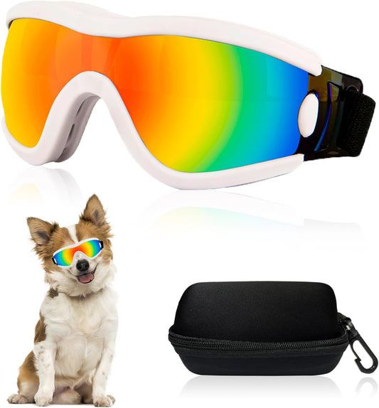 Dog Goggles Small Breed Dog Sunglasses with Adjustable for UV Protection Eyewear Doggy Doggie Puppy Glasses Anti-Fog Wind Dust Snowproof (White Frame Red Lens)