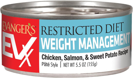Evanger’s EVX Restricted Diet Weight Management Canned Cat Food – 24 Count, 5.5 oz Cans Each – Chicken, Salmon & Sweet Potato Recipe – Grain Free, Limited Ingredients, Pâté Style