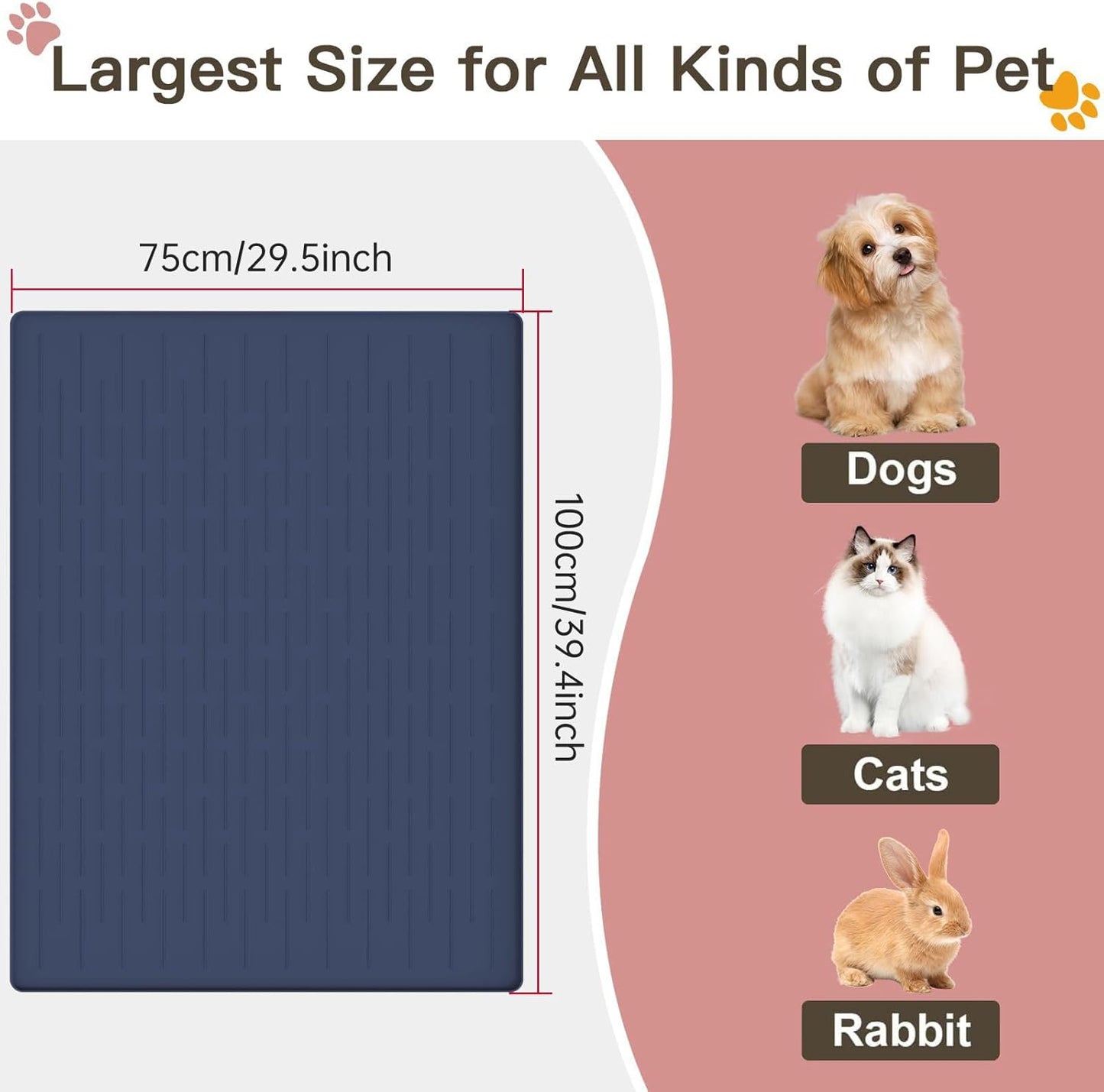 Large Dog Mats for Food and Water, 40"x30" Waterproof Pet Food Mats for Floor Nonslip Silicone Bowl Mats with Raised Edges