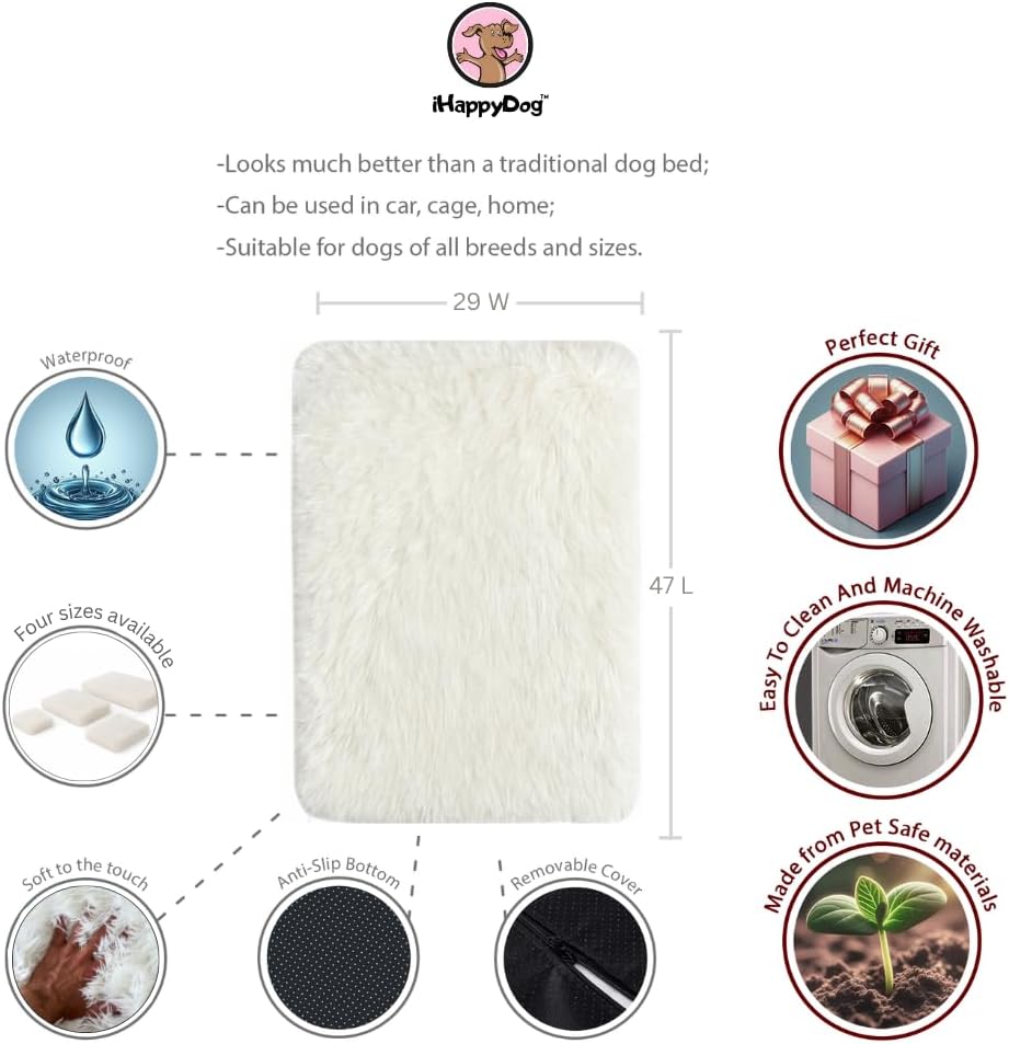 IHAPPYDOG Luxury Faux Fur Orthopedic Dog Beds, Memory Foam Crate Bed for Small, Medium, Large and XL Pets, Fluffy Pet Bed with Waterproof and Washable Cover, Fits Crates (White, XL 47" x 29")