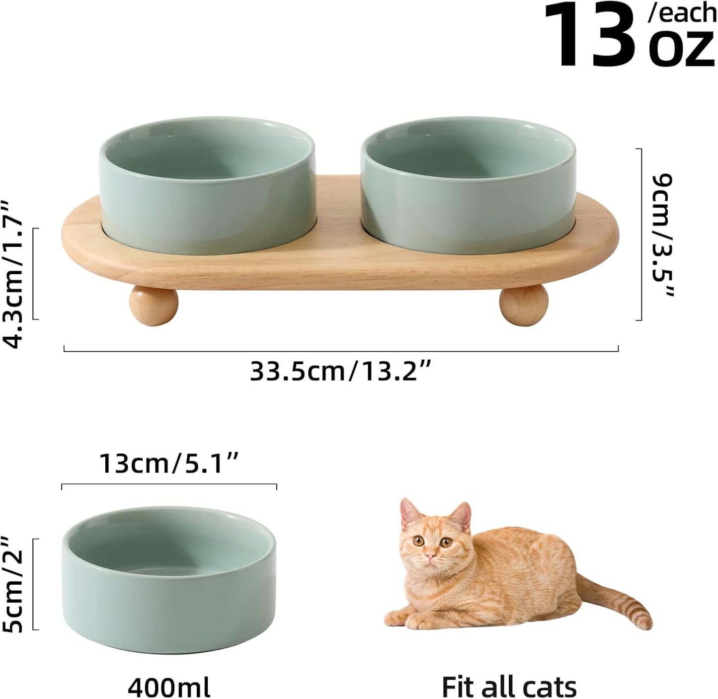 Ceramic Elevated Cat Food and Water Bowl, Kitty Bowl, Raised Cat Dish, Pet Feeder (5.1 in, 2 x Light Green + Stand)