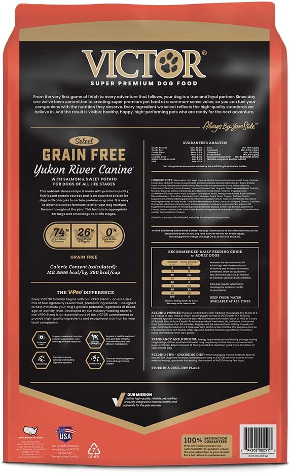 VICTOR Super Premium Dog Food – Grain Free Yukon River Canine – Supports Immune & Digestive Health for Dogs of All Life Stages – High Protein Dry Dog Food for All Normally Active Dogs, 30 lb