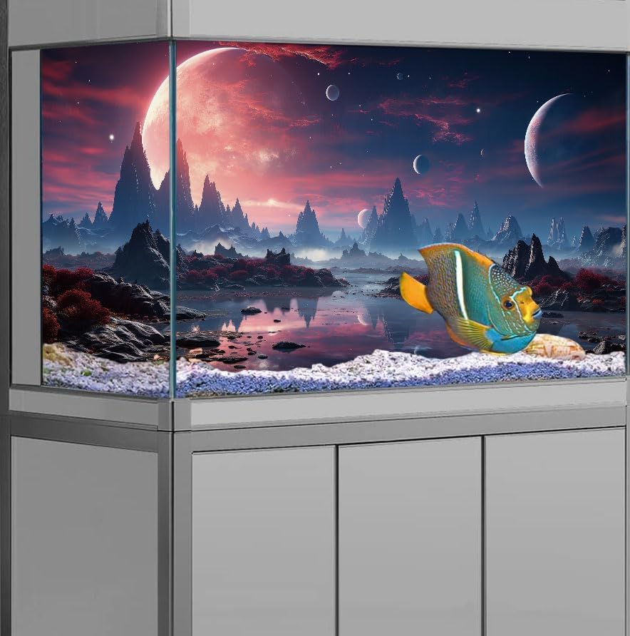 72X24IN Cosmic Spaceterrarium Background, Cool Parallel Space Themed Aquarium Reptile Habitat Background, Red Moon Aquarium Background with 10EVA Double-Sided Tape
