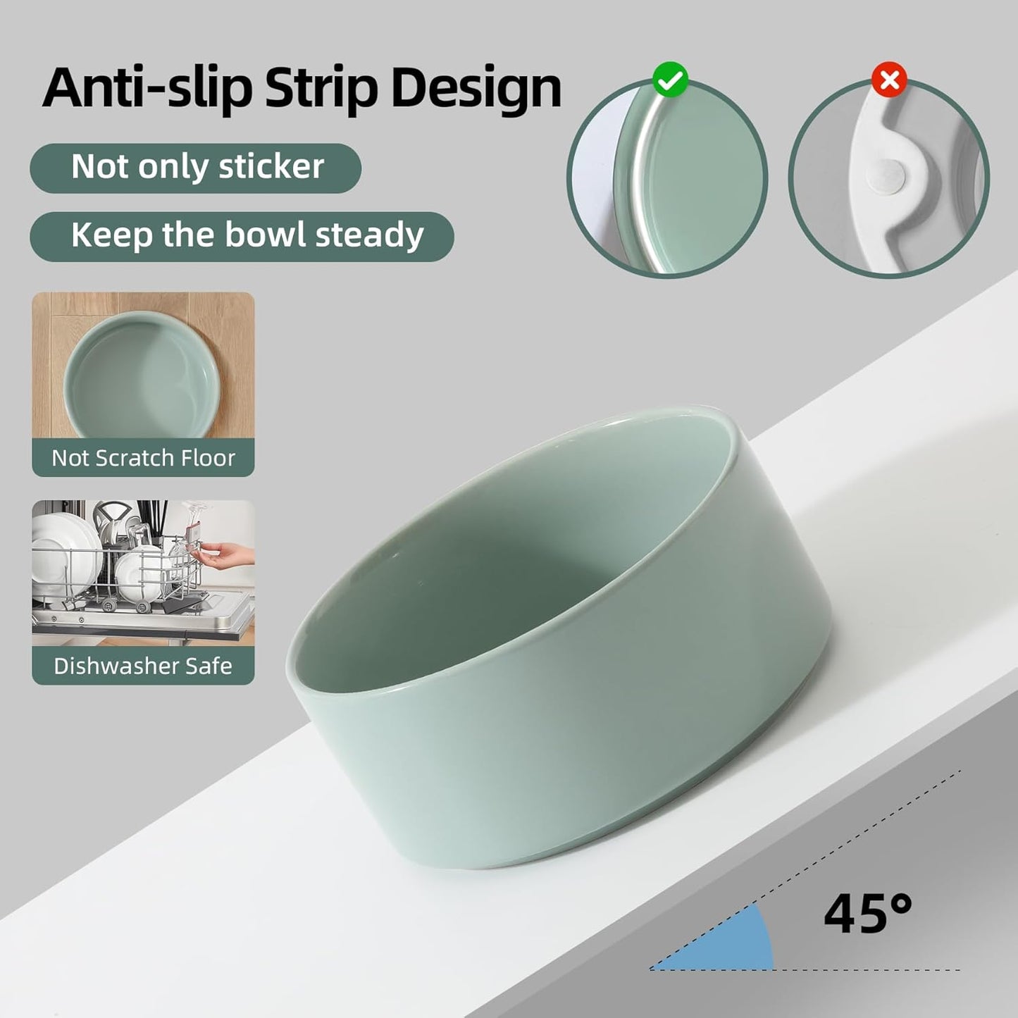 Ceramic 6.1inch Raised Dog Bowl with Stand for Small and Medium Breed Dog Dish Pet Food and Water Bowl (Double Bowl with Stand - Light Green, 28oz)