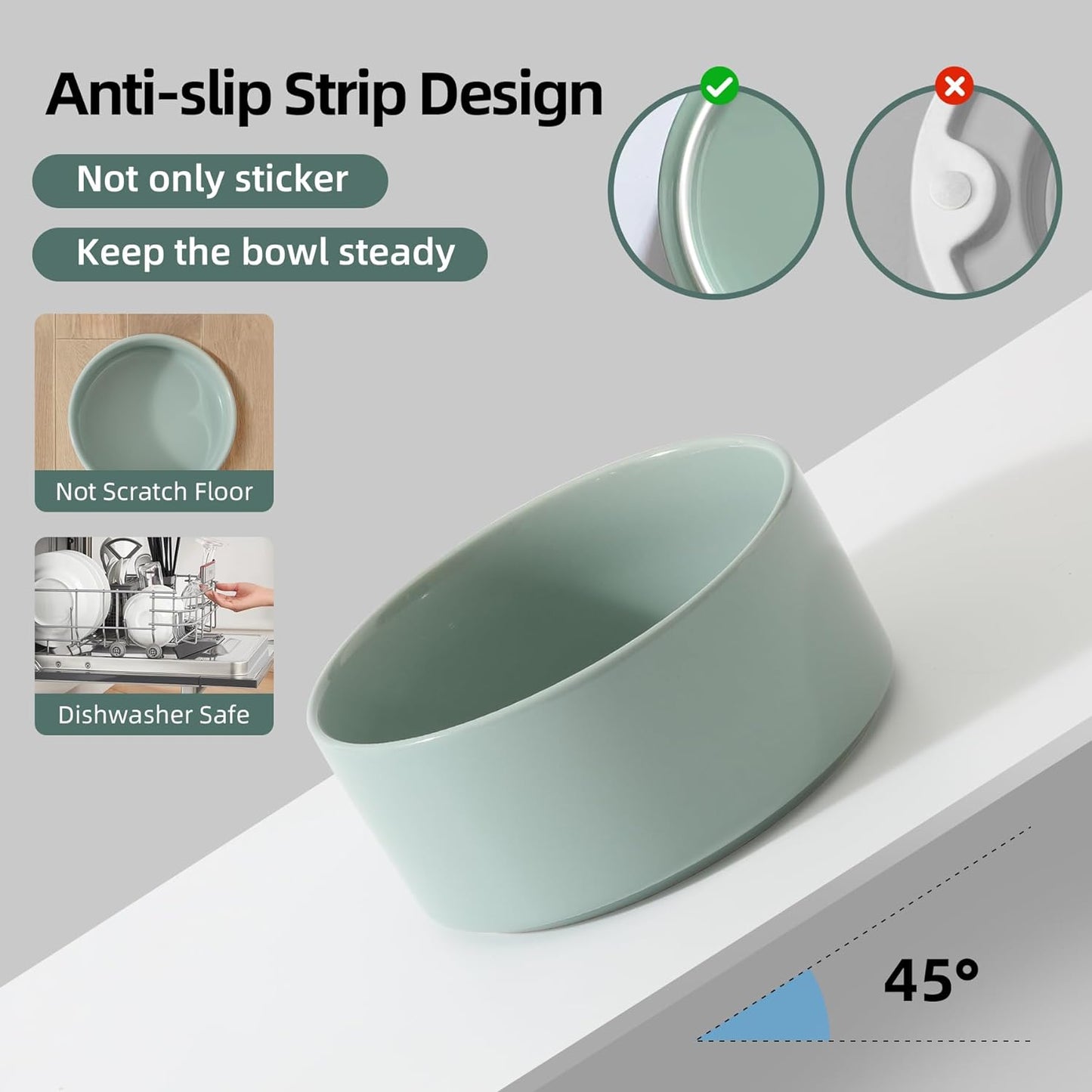 Ceramic 8.2inch Raised Dog Bowl with Stand for Large- Breed Dogs, Pet Food and Water Feeder (Double Bowl with Stand - Light Green)