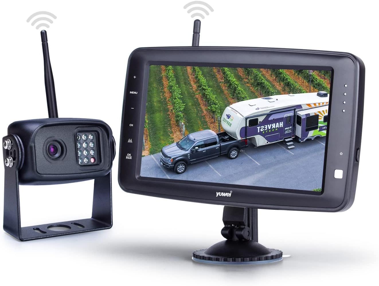 Wireless Backup Camera System with 7 inch Splitscreen, Waterproof Wireless Rear View Camera with Night Vision, Support add 2nd Wireless Reversing Camera for Trailer, RV, Trucks, Horse-Trailer, etc