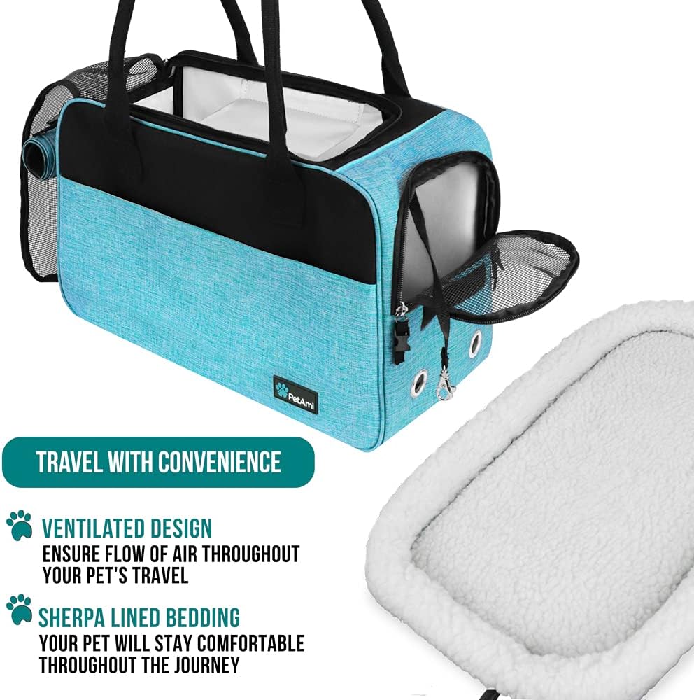 PetAmi Dog Purse Carrier for Small Dogs, Airline Approved Soft Sided Pet Carrier with Pockets, Ventilated Dog Carrying Bag for Puppy Cat, Dog Travel Supplies Bag, Sherpa Bed, Max 12 lbs, Teal Blue