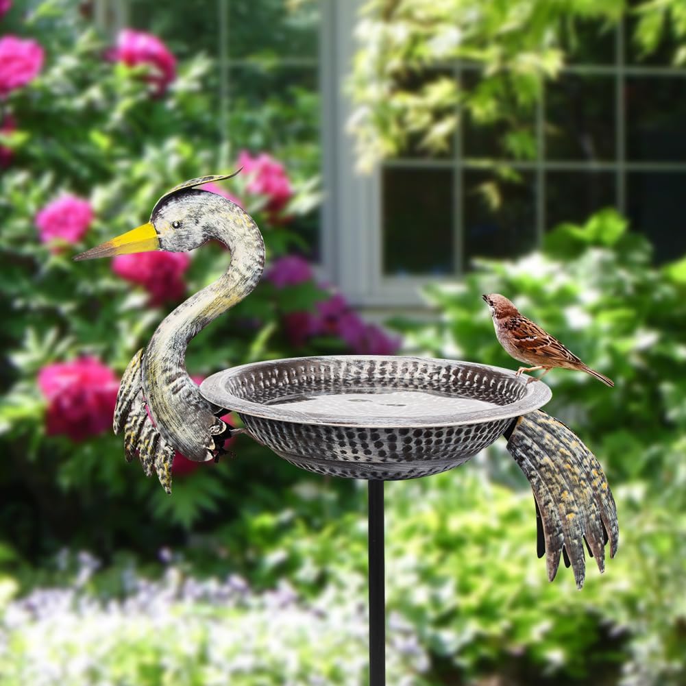 Metal Bird Bath with Stake, 13" Dia Crane Bird Baths for Outdoors, Freestanding Birdbath & Birdfeeder for Outside Garden Yards Lawn Decor, 46 Inch Tall
