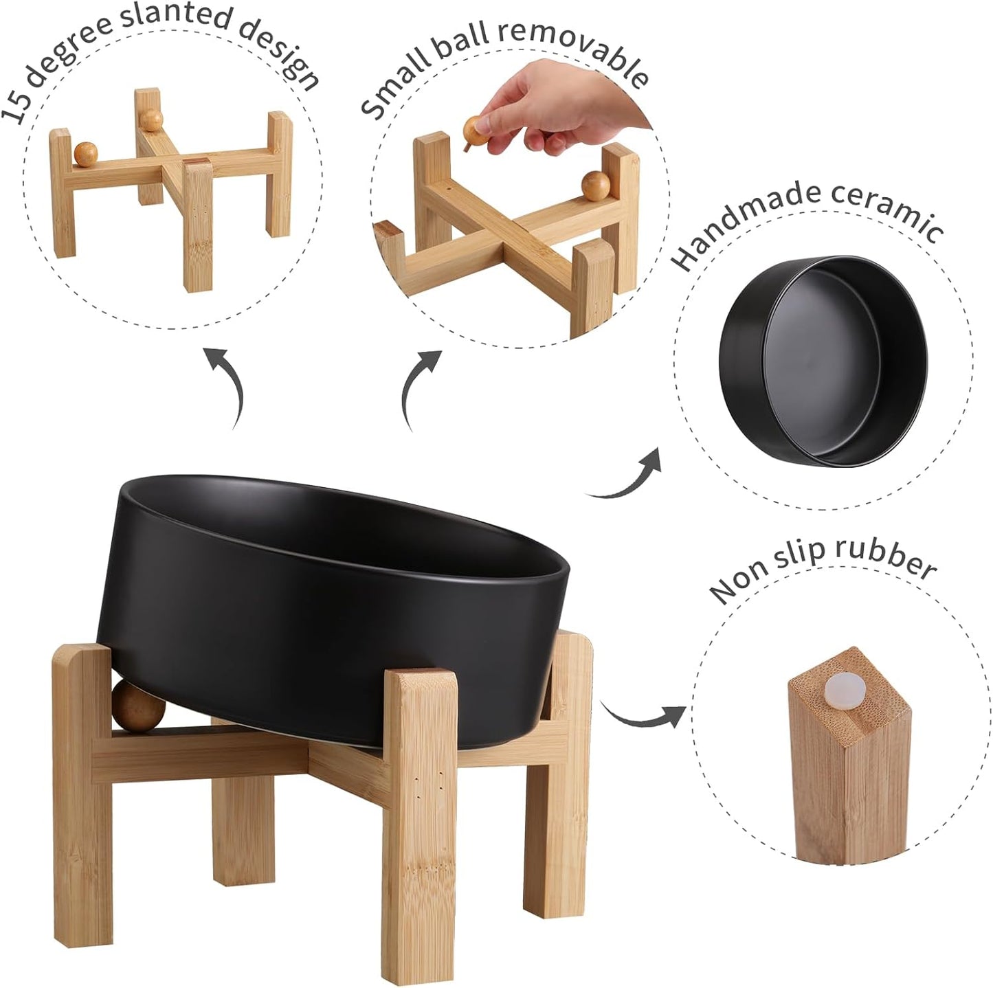 Black Elevated/Raised 15°Tilted Anti Slip Ceramic Dog Bowl for Small/Medium Breeds,Slanted Bulldog Big Face Pet Food Water Feeding Dish with Stand for Cats and Dogs (3.6 Cups/28 OZ)