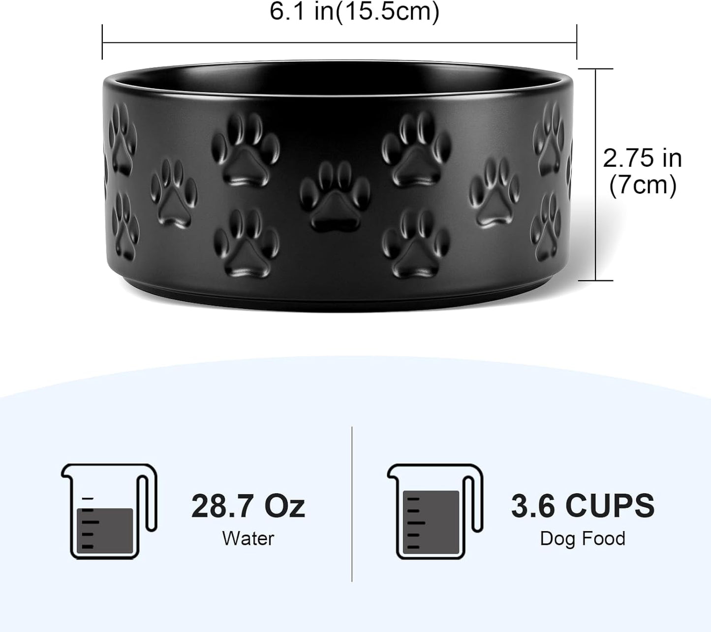 SPUNKYJUNKY Ceramic Dog and Cat Bowls 2 Pack, 6.1'' Dog and Cat Food Water Double Feeding Bowls Non-Slip for Large Sized Breed Microwave Dishwasher Safe - 28.7 OZ, 2pcs, Paw Black
