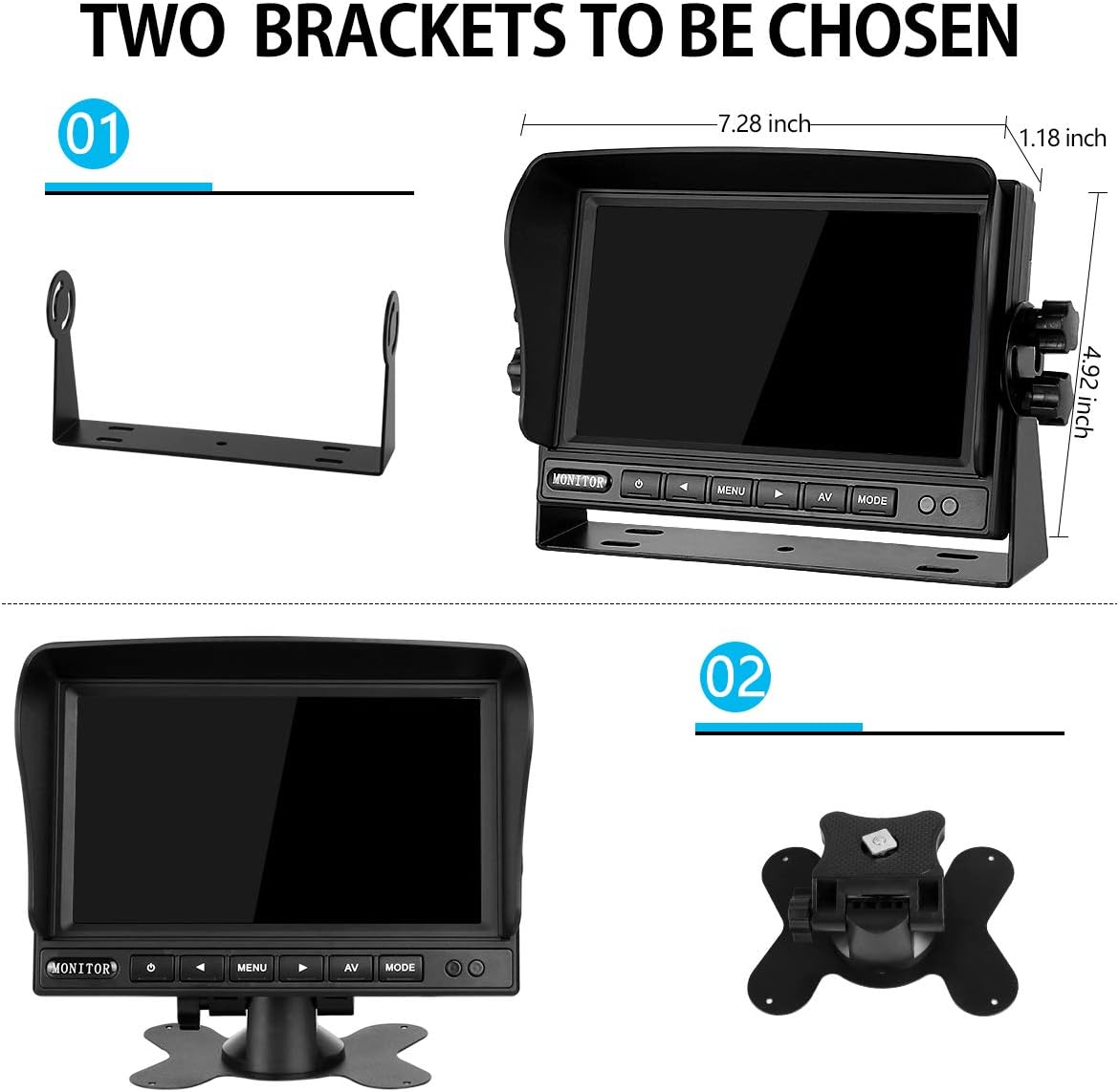 RV Backup Camera and Monitor Kit(12-24V) 7inch HD Monitor Reversing +2 Rear View Camera 170°Wide Angle,18IR Night Vision,Waterproof IP68，Dual Back up Camera for Truck/Trailer/Van/Camper/Vehicles.