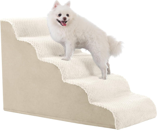 MIHIKK Dog Stairs Ramp, Curved 5-Step Dog Steps for Small Dogs and Cats, Pet Stairs for High Beds and Couch with Anti-Slip Washable Cover and Durable High Density Foam, Beige