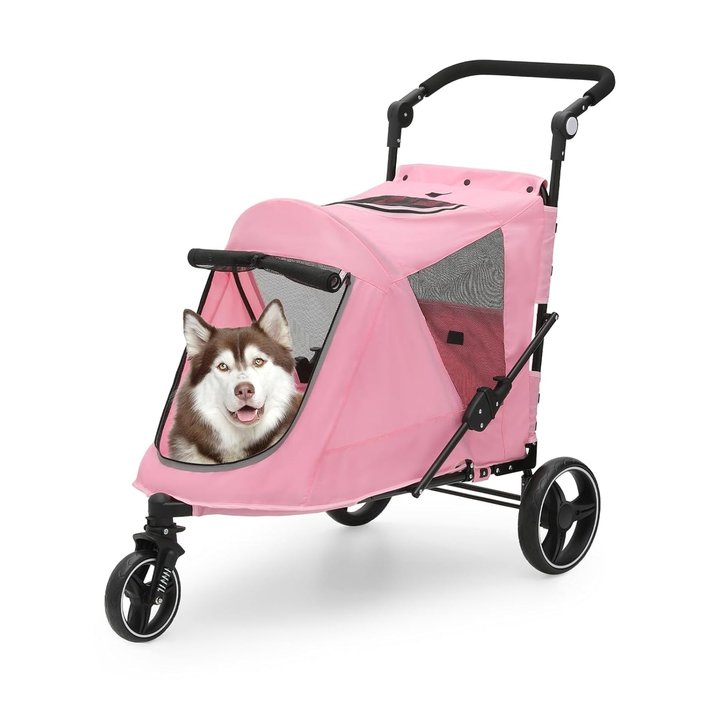 Athena Collection 3 Wheels Pet Stroller Fabric Dog Cart Dog Stroller for Large Dogs 55 Lbs Pet Stroller with Mesh Windows, Zipper Back Pocket, Safety Tether, Angle Adjustable Handlebar, Pink