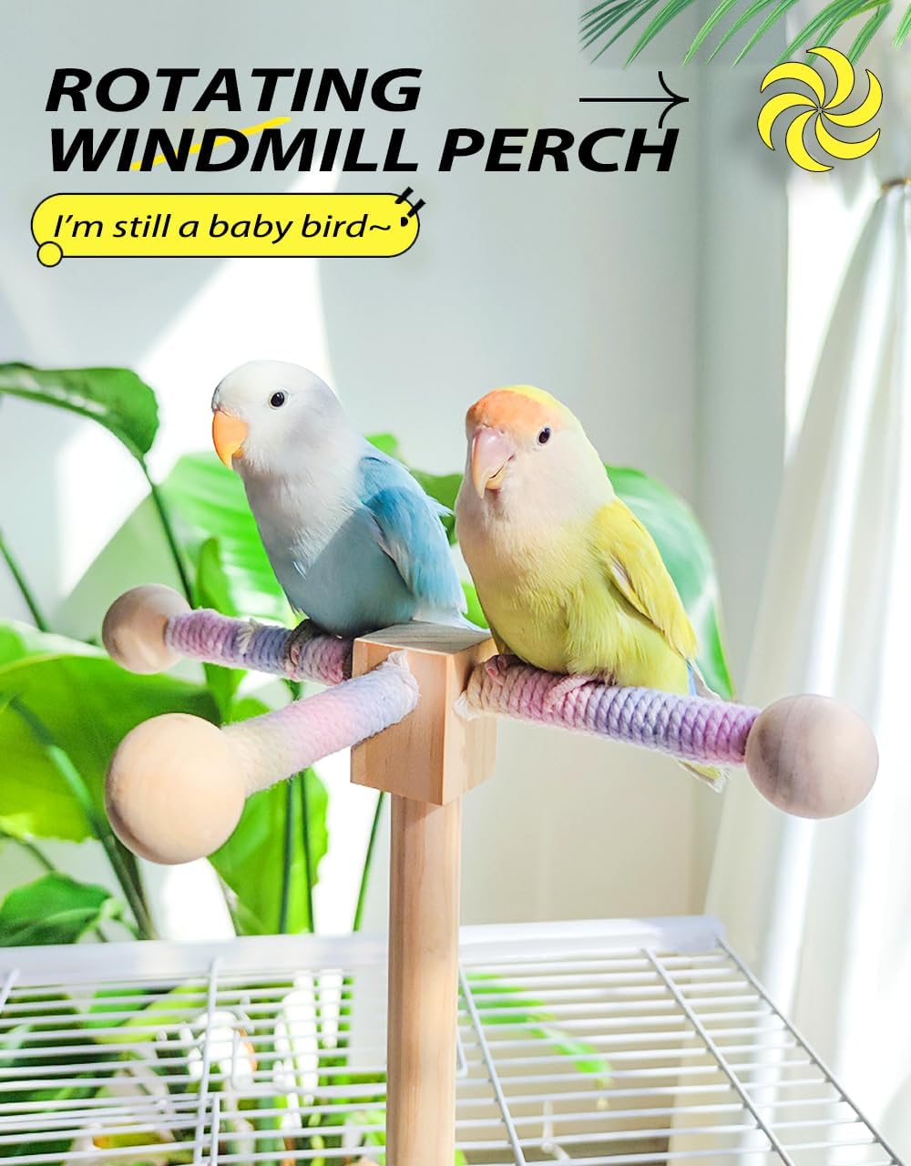 Bird Stand Perch Toy, 360° Rotating Natural Wooden Parrot Perch for Bird Cages, Colorful