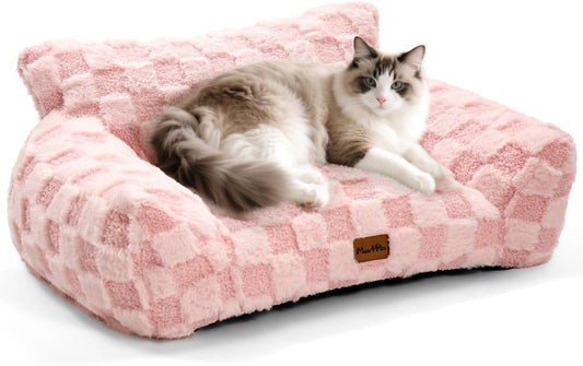 Made4Pets Cat Couch Bed, Soft Faux Fur Checkered Pet Sofa, Calming Fluffy Cat Sofa with Supportive Foam, Removable Washable Cover with Non-Slip Base, Pink, Small