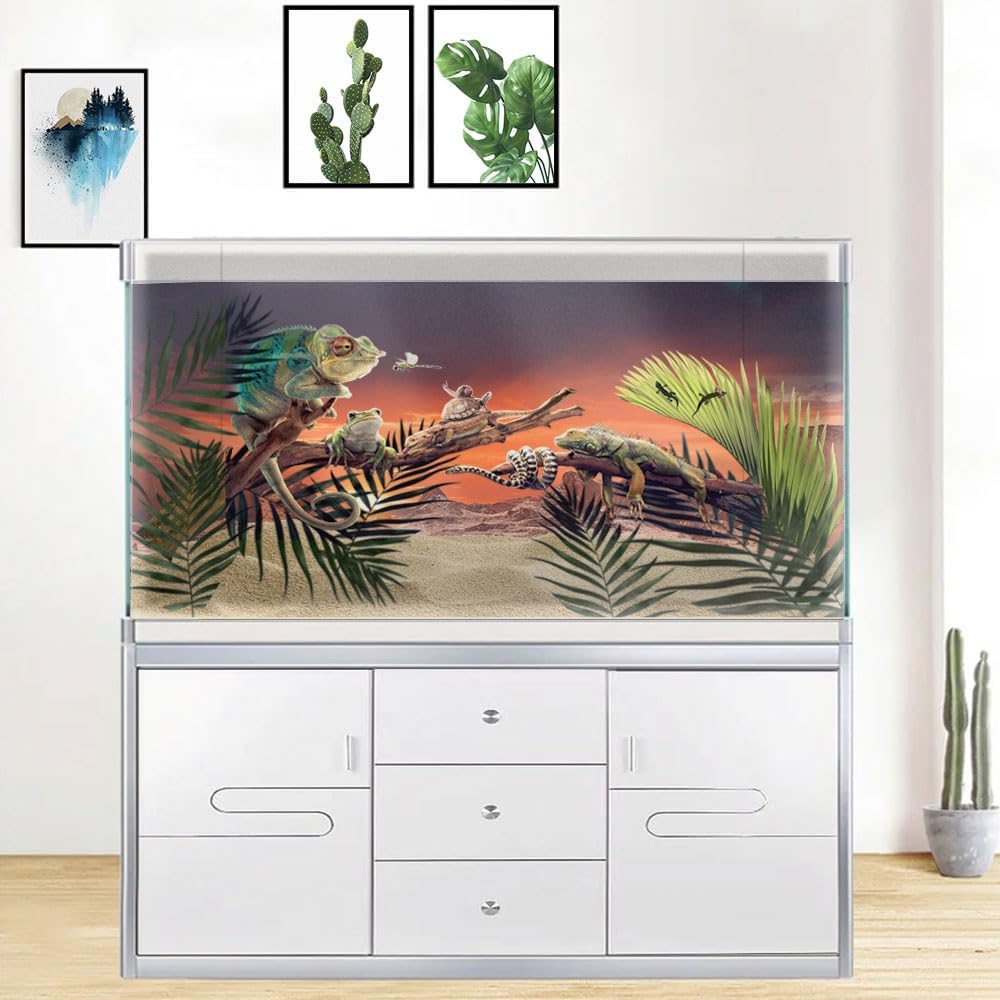 48X24IN Sun and Desert Moon Themed Reptile Habitat on Orange Durable Decorative Background, Terrarium Background with 10EVA Double-Sided Tape