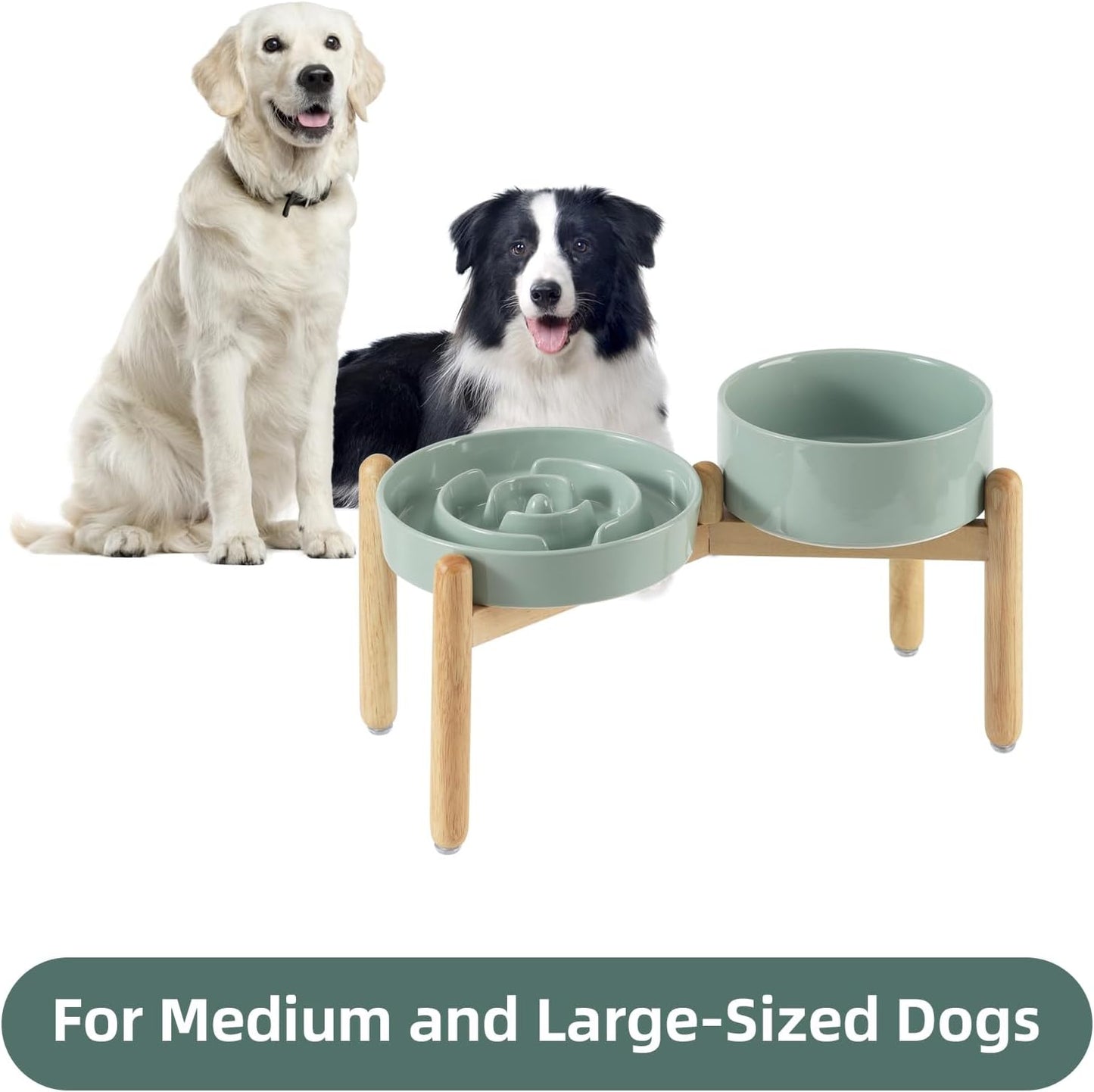 Ceramic Raised Slow Feeder Dog Bowl Set, Elevated 7.3inch Bowl and 8.2inch Puzzle Slow Dish with Wooden Stand for Medium and Large Dog, Anti-Gulping (2X Light Green+ Stand)