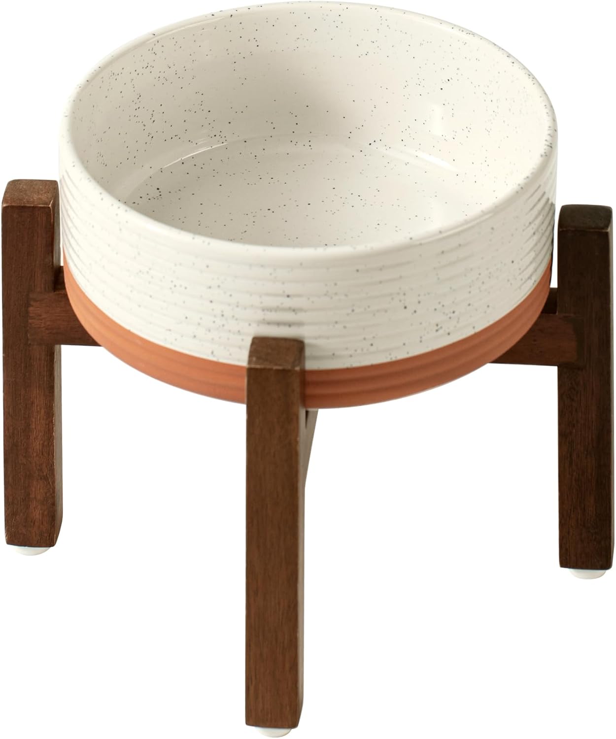 Ceramic 7.3inch Raised Dog Bowl Set, Elevated with Acacia Wood Stand, Food and Water Bowl for Medium Breed Dogs, Weighted Pet Dishes(41oz, Vanilla White)