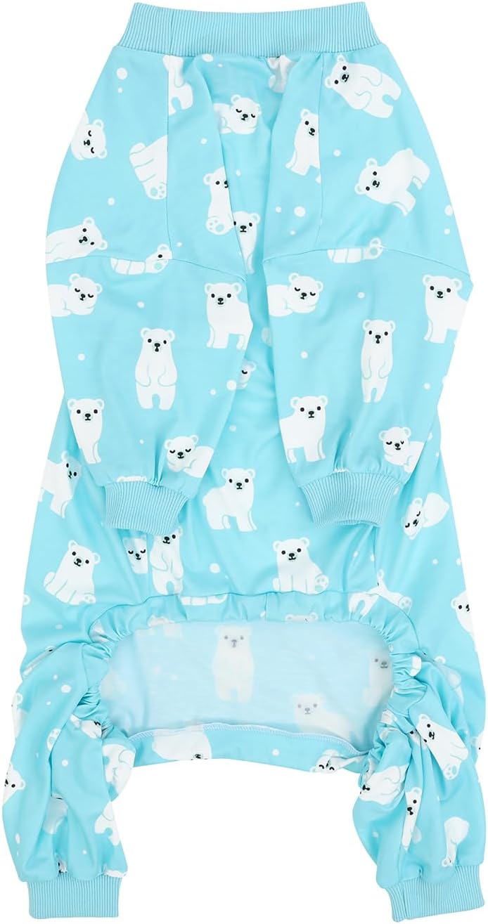 HDE Dog Pajamas One Piece Jammies Jumpsuit Pet Clothes Outfit Stretchy Lightweight Comfy Shirt Pjs for M-3XL Dogs Sleepy Polar Bears - L