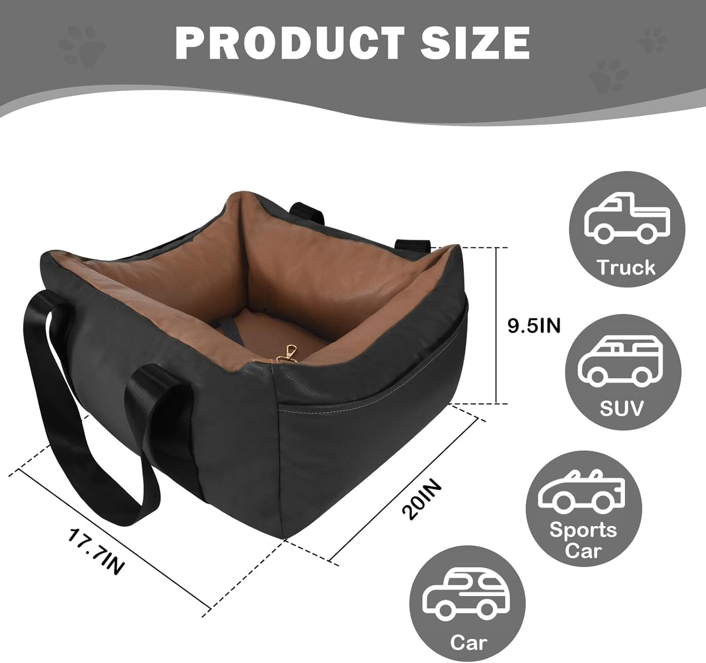 Dog Car Seat for Small Dogs, Large Leather Dog Car Bed with Storage Pocket, Waterproof PVC Leather Booster Seat Travel Bed for Front & Back Seat, Clip-On Safety Leash (Black/Brown)