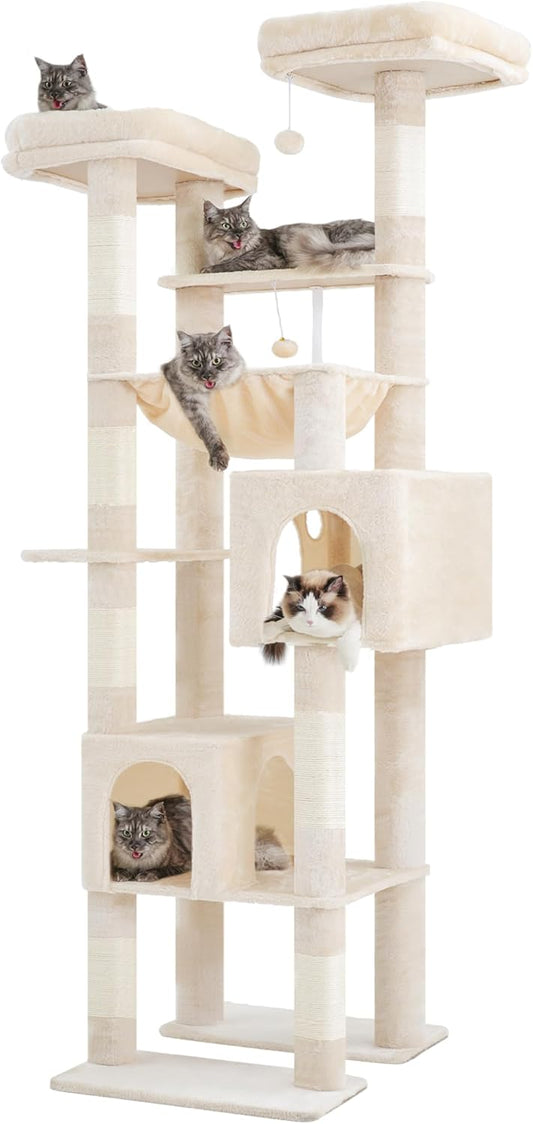 Hey-brother Tall Cat Tree Tower, Heavy Duty Scratching Posts with Large Platforms, Cozy Condos, Big Hammock, Toy Balls, Multi-Level Furniture for Indoor Adult Cats, 80.7 Inches, Beige MPJ039M