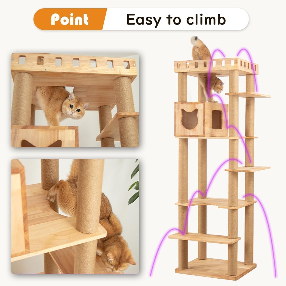 74" Wooden Cat Tree Tower for Large Cats, Multi-Level Cat Climbing Furniture with Scratching Posts, Cat Condo & Hammock, Natural Wood Cat Activity Center(Brown)