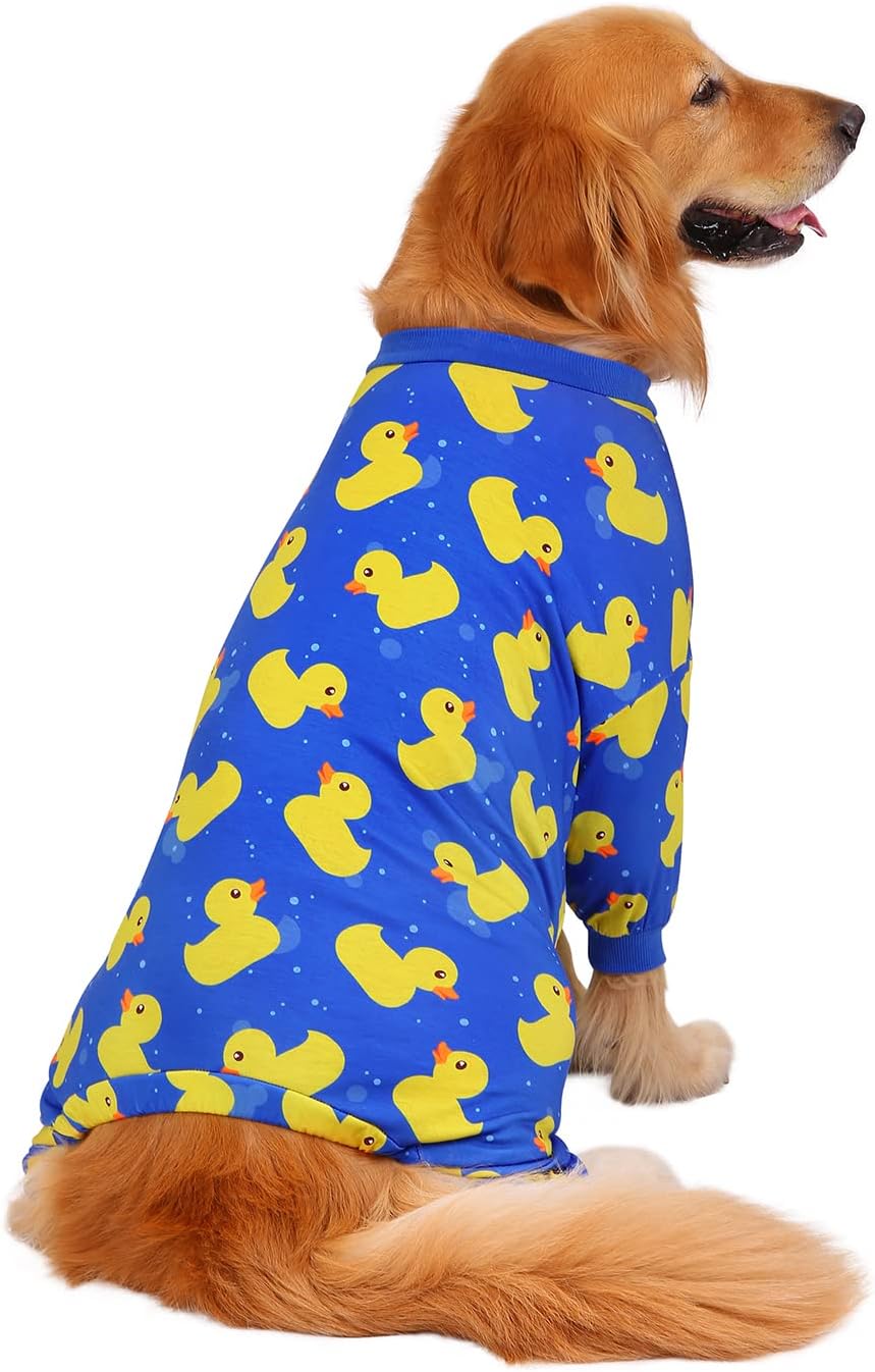 HDE Dog Pajamas One Piece Jammies Jumpsuit Pet Clothes Outfit Stretchy Lightweight Comfy Shirt Pjs for M-3XL Dogs Ducks Blue - M