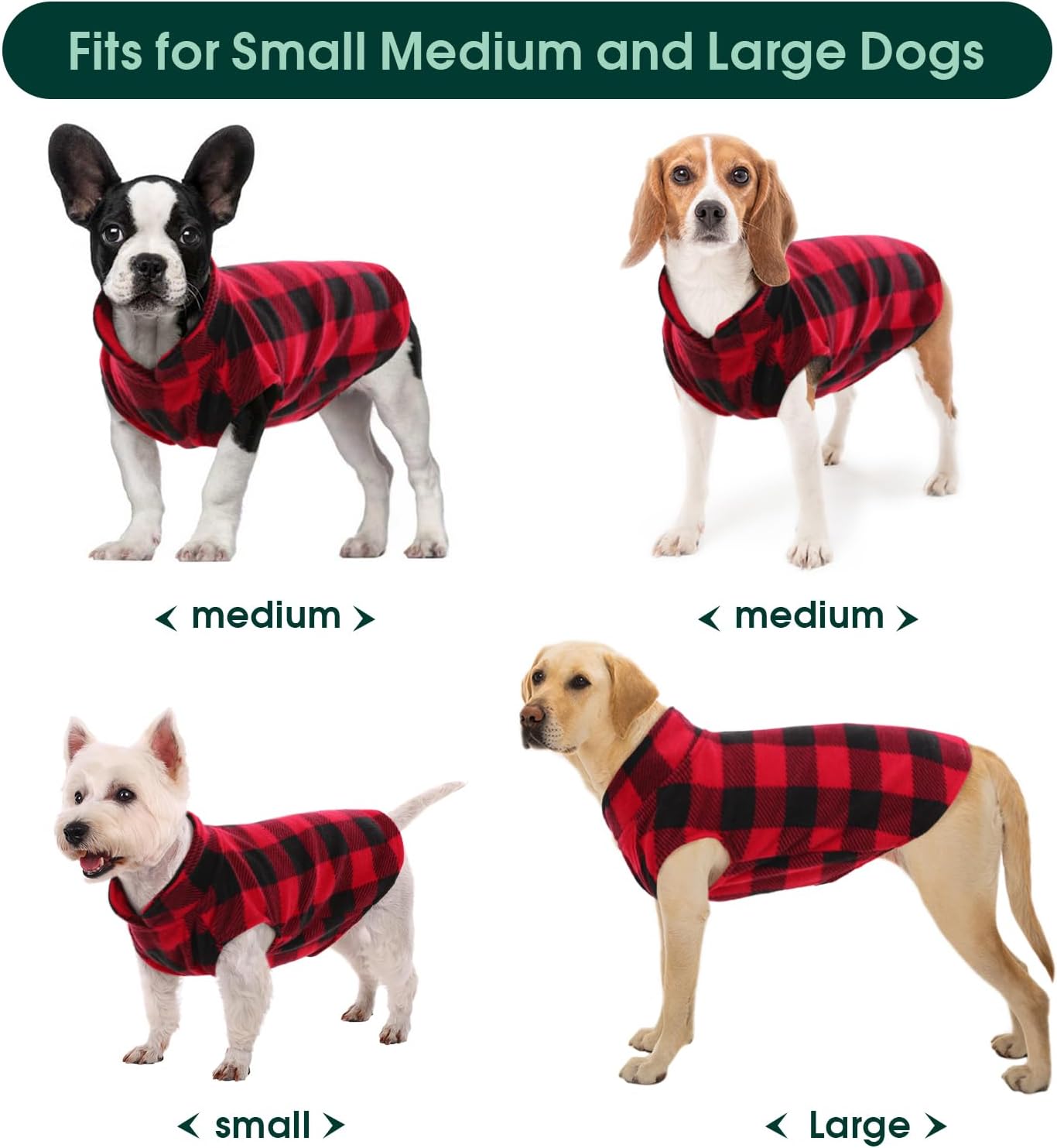 Kuoser Dog Fleece Vest,Warm Plaid Dog Sweater with Leash Hole,Soft Turtleneck Winter Pet Jacket Dogs Coat Pullover Clothes for Small Medium Dogs Cats,Spring Fall Cold Weather Christmas Outfit,Red S