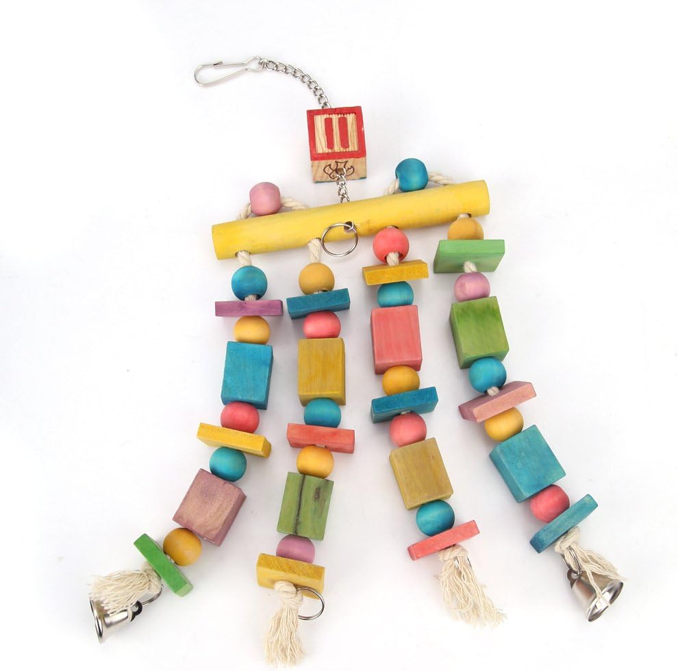 Parrot Hanging Chew Toy Bird Bite Swing with Colorful Wood Beads Bells for Parrot Macaw African Greys Cockatiels Cage Accessories (Hanging with Bell Toy)