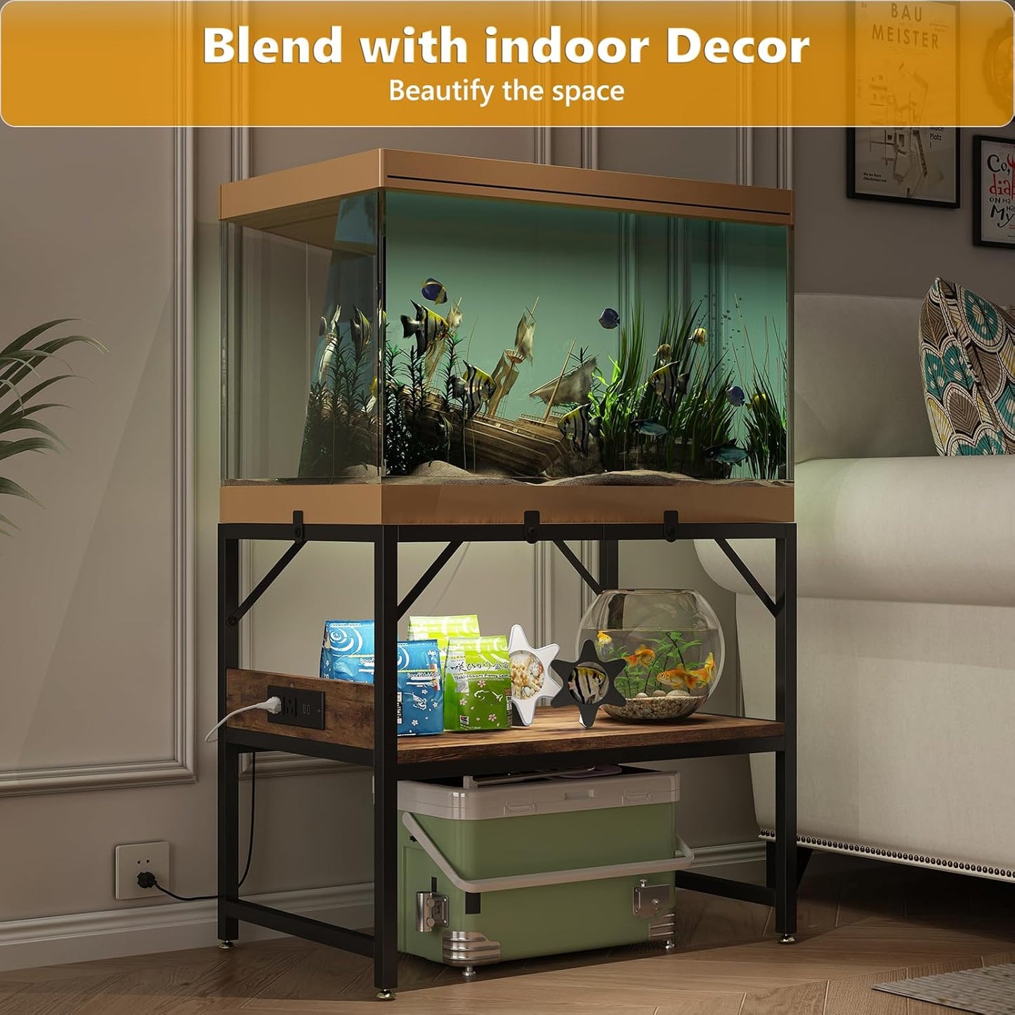 Modern 15 Long Gallon Fish Tank Stand for Home Office, 2-Tier Aquarium Stand with Shelf for Storage, Fish Tank Table 24" x 12" x 21", Ideal for Breeder Tanks, and Reptile Terrariums, Rustic Brown
