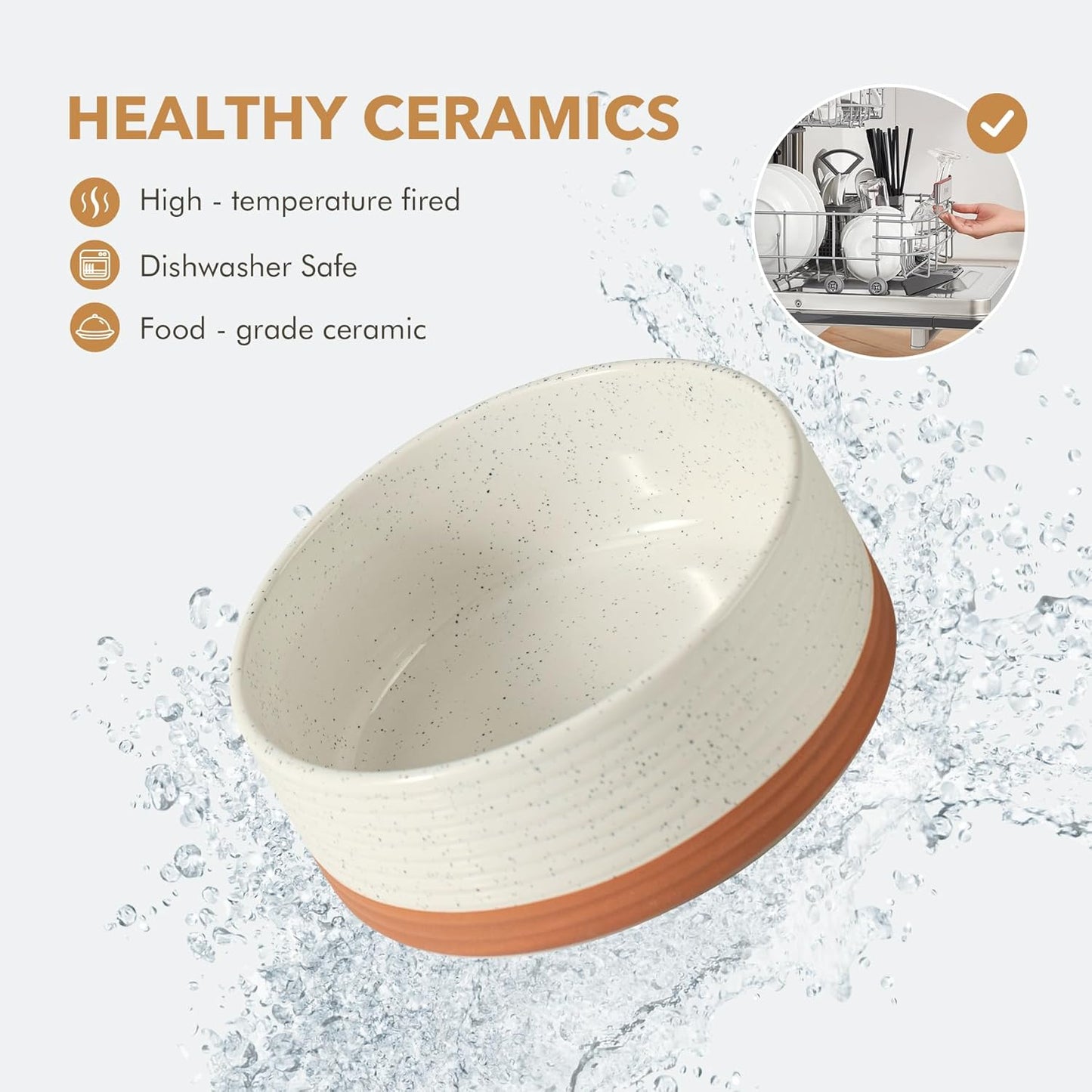 Ceramic 6.1inch Raised Double Dog Bowls Set with Acacia Wood Stand, 2 Heights Elevated, Food & Water Bowls for Small Dogs(28.2oz, Vanilla White)