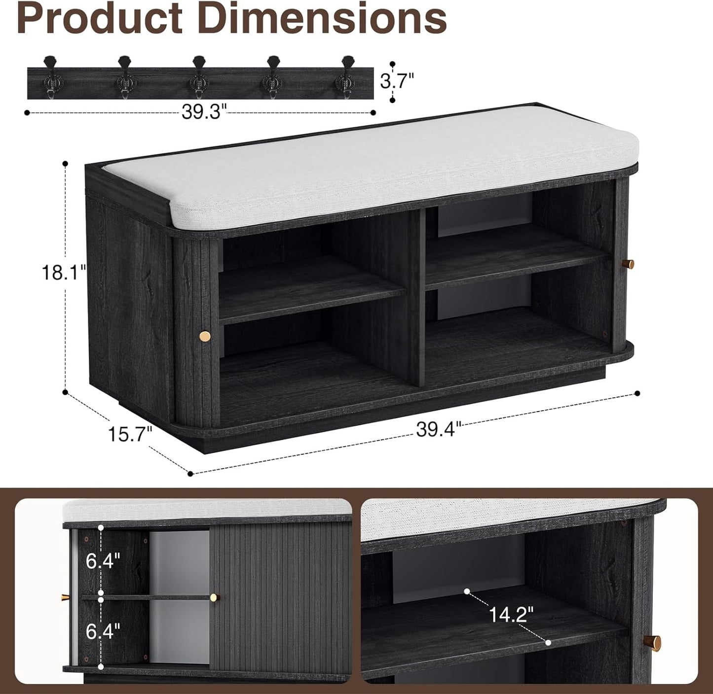 Dark Grey 39.4" W 2-Tier Shoe Bench with Storage | Entryway Bench with Padded Cushion, Sliding Doors & 5 Hooks