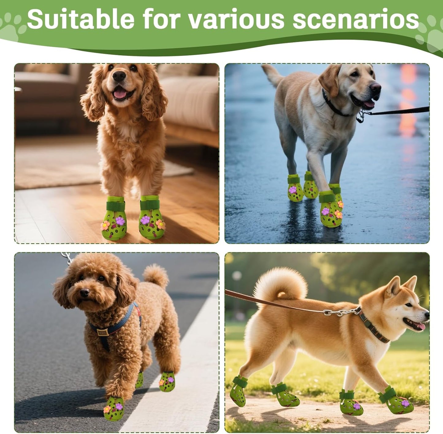 Dog Shoes for Hot Pavement, Adjustable Magic Tape Boots for Small, Medium & Large Dogs, Anti-Slip, Easy to Clean Paw Protectors for Beach, Outdoor & Hot Weather (Green S)