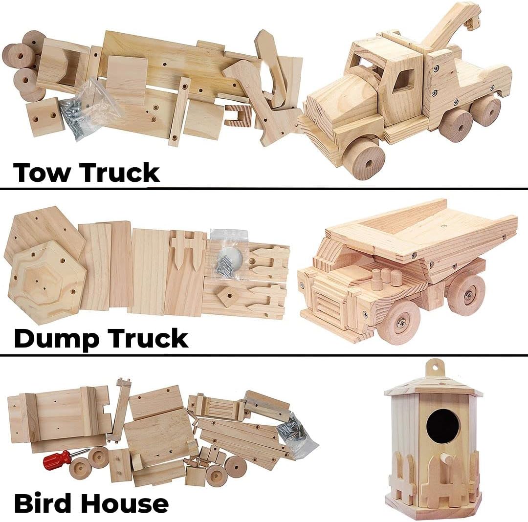 Kraftic Woodworking Building Kit for Kids and Adults, with 3 Educational DIY Carpentry Construction Wood Model Kit Toy Projects for Boys and Girls - Tow Truck, Birdhouse and Dump Truck