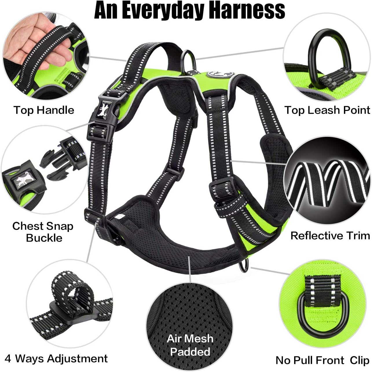 PoyPet No Pull Dog Harness, Reflective Comfortable Vest Harness with Front & Back 2 Leash Attachments and Easy Control Handle Adjustable Soft Padded Pet Vest for Small to Large Dogs (Green,S)