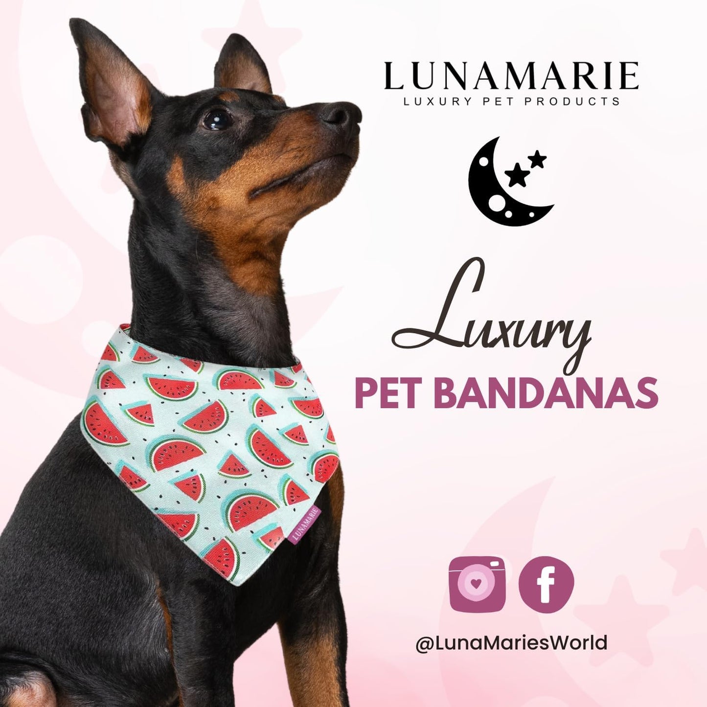LunaMarie - Luxury Dog Bandanas - Cute Watermelon Design | Premium & Soft Fabric | 100% Handmade Custom Adjustable Shape Dual Layered Small, Medium, Large Cat Scarf (Watermelon, Small)