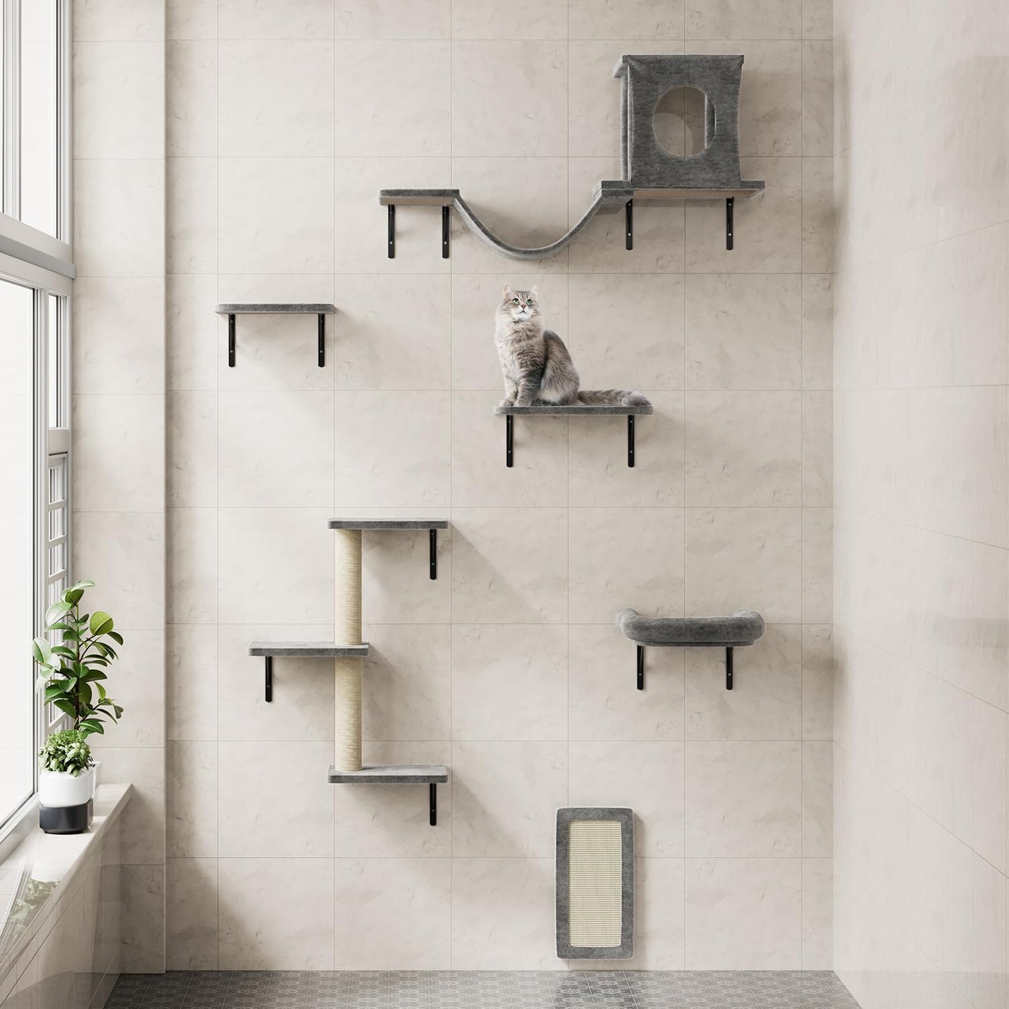 NUNU LAB Cat Wall Shelves, 6 Pcs Luxury Wall-Mounted Cat Climber Set, Indoor Cat Furniture with 1 Condos House, 2 Cat Wall Shelves, 1 Scratching, 1 Bridge Ladder, 1 Scratching Pad, Dark Gray