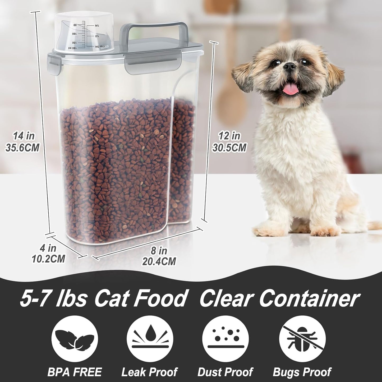 5-7Lbs Cat Dog Storage Container, Portable Pet Food Containers with Upgraded Large Spout and Cup, Small Animal Kibble Dispenser for Bird Seed, Oatmeal, Rice, Flour (1, Clear Gray, 5L)