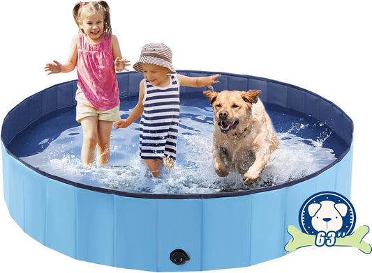 Foldable Dog Bath Swimming Pool Plastic Kiddie Pool Professional Tub Collapsible Grooming Bathtub for Pets Kids Baby and Toddler, 63 x 12 Inches Blue