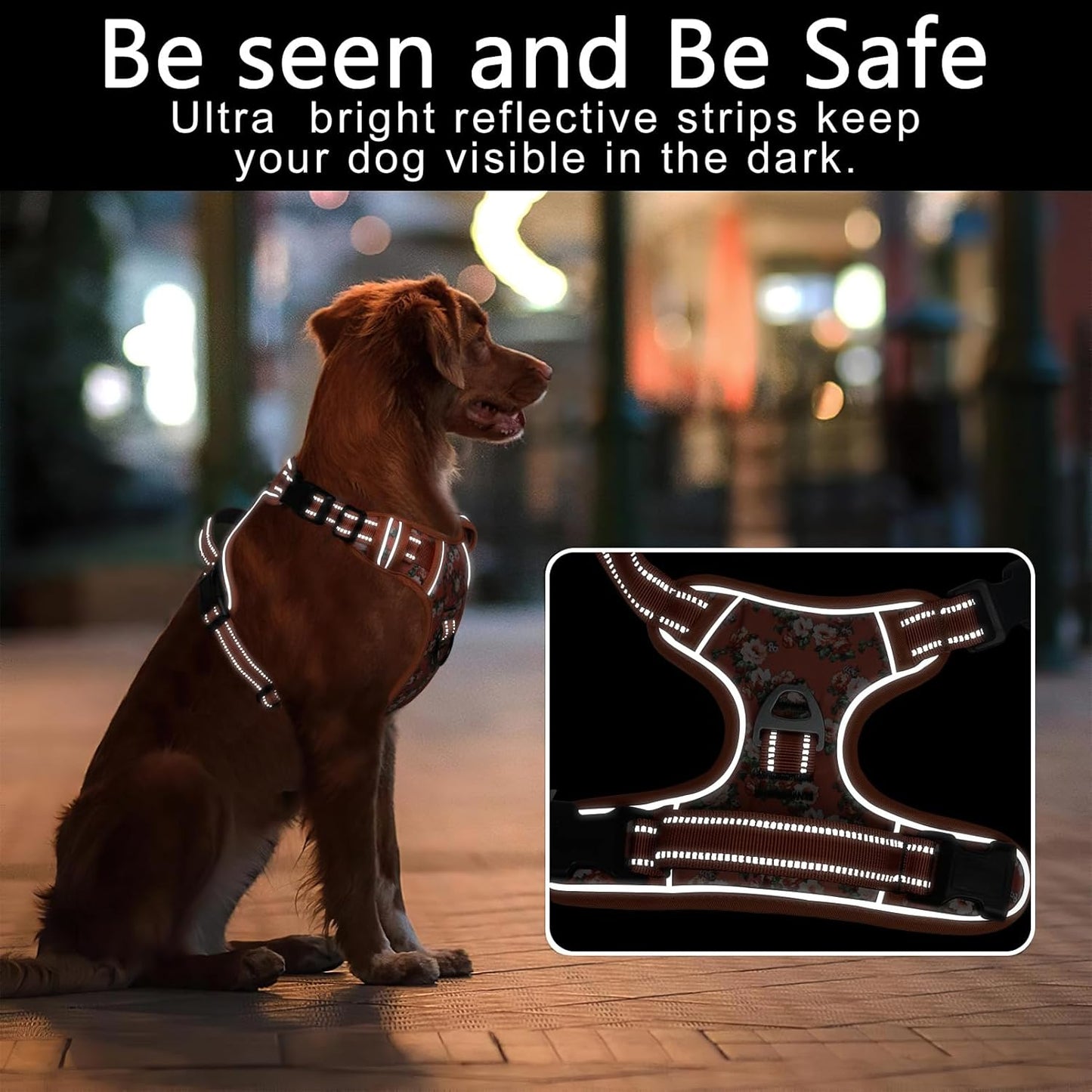 Timos Dog Harness for Large Dogs, No Pull Service Vest with Reflective Strips and Control Handle,No Choke Dog Harness with 2 Metal Rings for Easy Walking,Outdoor Training,Flower Orange, XL