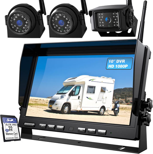 1080P Wireless Backup Camera System with 10 Inch DVR 4 Split Monitor, IP69 Waterproof Stable Signal Record Wireless 1 Rear and 2 Side View Cameras for RV Truck Trailer Camper (BW103)