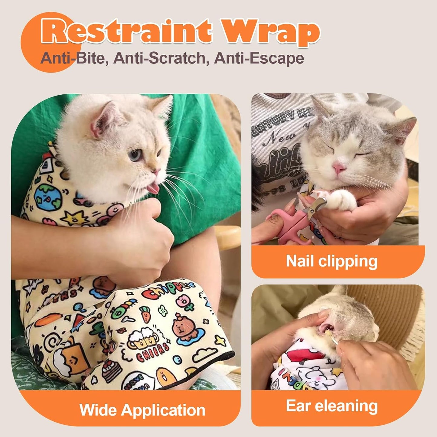 Cat Grooming Wrap, Cat Wrap Self-Adherent, Anti-Scratch Anti-Bite, Anti-Escape Grooming Bag for Cats Nail Clipping, Ear Cleaning, and Teeth Brushing (27.6 × 27.6" Paw Prints)