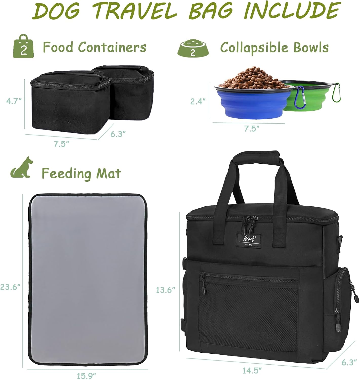 WOLT Dog Travel Bag Dog Bag for Traveling and Supplies with 2 Collapsible Bowls, 2 Food Containers, 1 Place Mat, Black