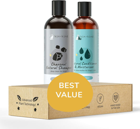 kin+kind Natural Cat & Dog Shampoo and Conditioner Set - Gentle Pet Supplies for Dogs and Cats - Shea Moisture Shampoo and Conditioner with Activated Charcoal & Moisturizing Shea Butter - Made in USA
