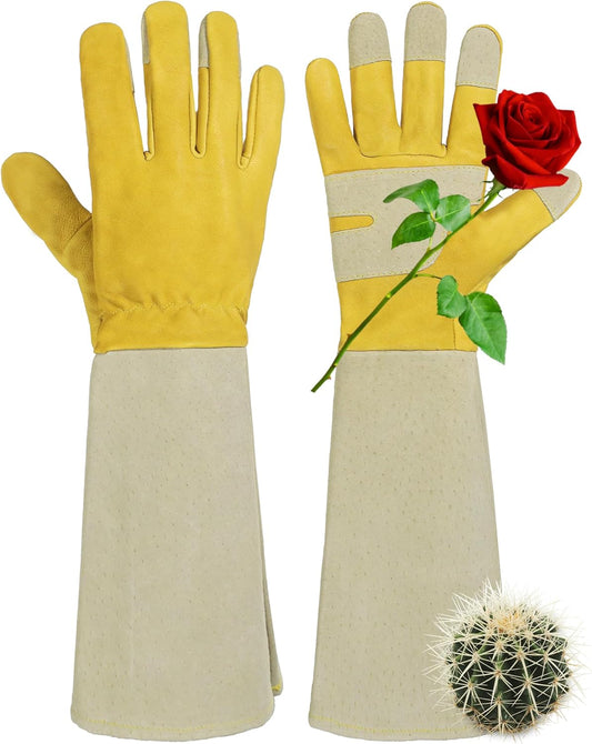 HANDLANDY Rose Pruning Gardening Gloves for Men Women, Thorn Proof Forearm Protection Leather Garden Gloves, Gardening Gifts for Gardeners (Yellow- goatskin, Large (Pack of 1))