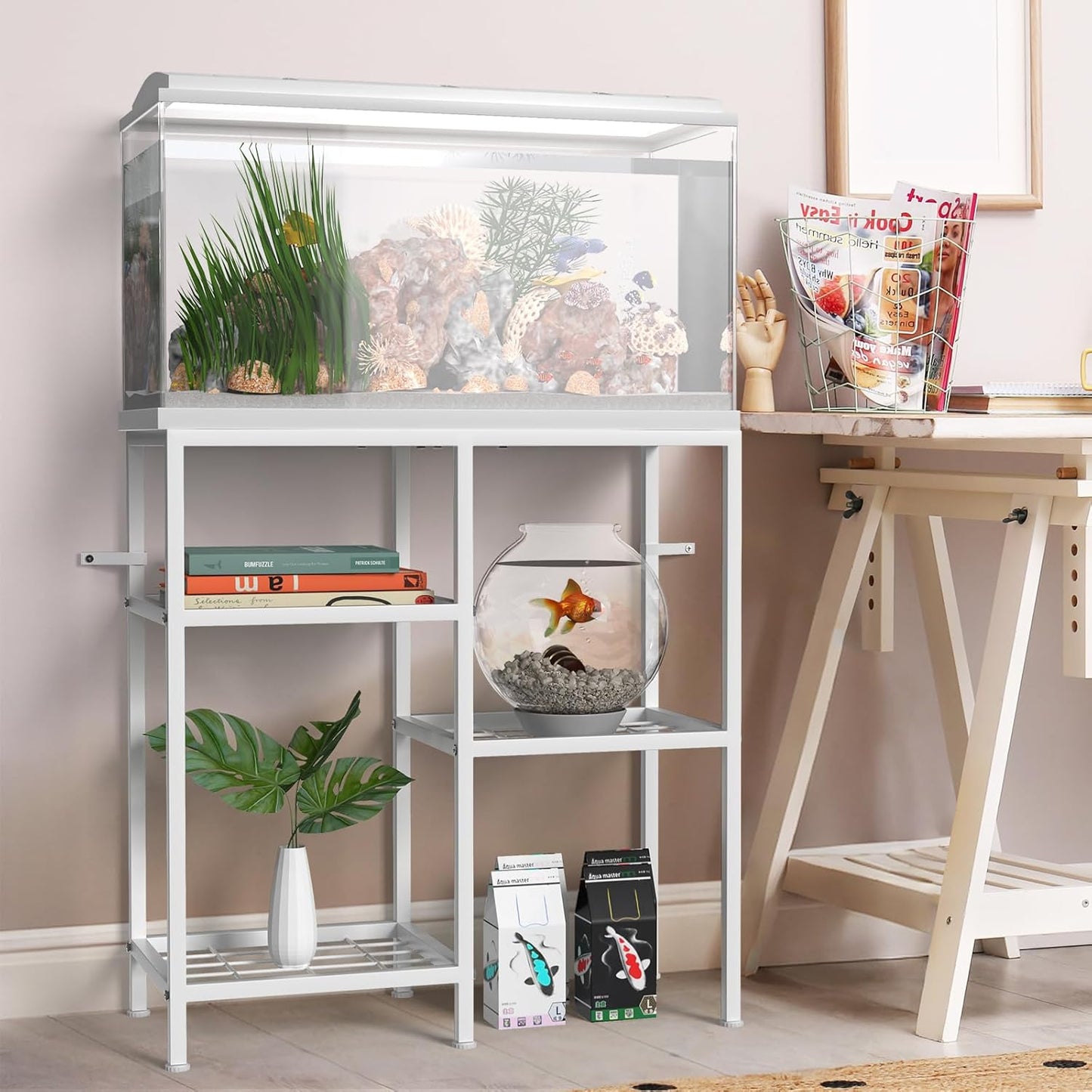 20 Gallon Fish Tank Stand White Metal Aquarium Stand Turtle Tank Stand Reptile Tank Stands 3 Tier Fish Tank with Stand