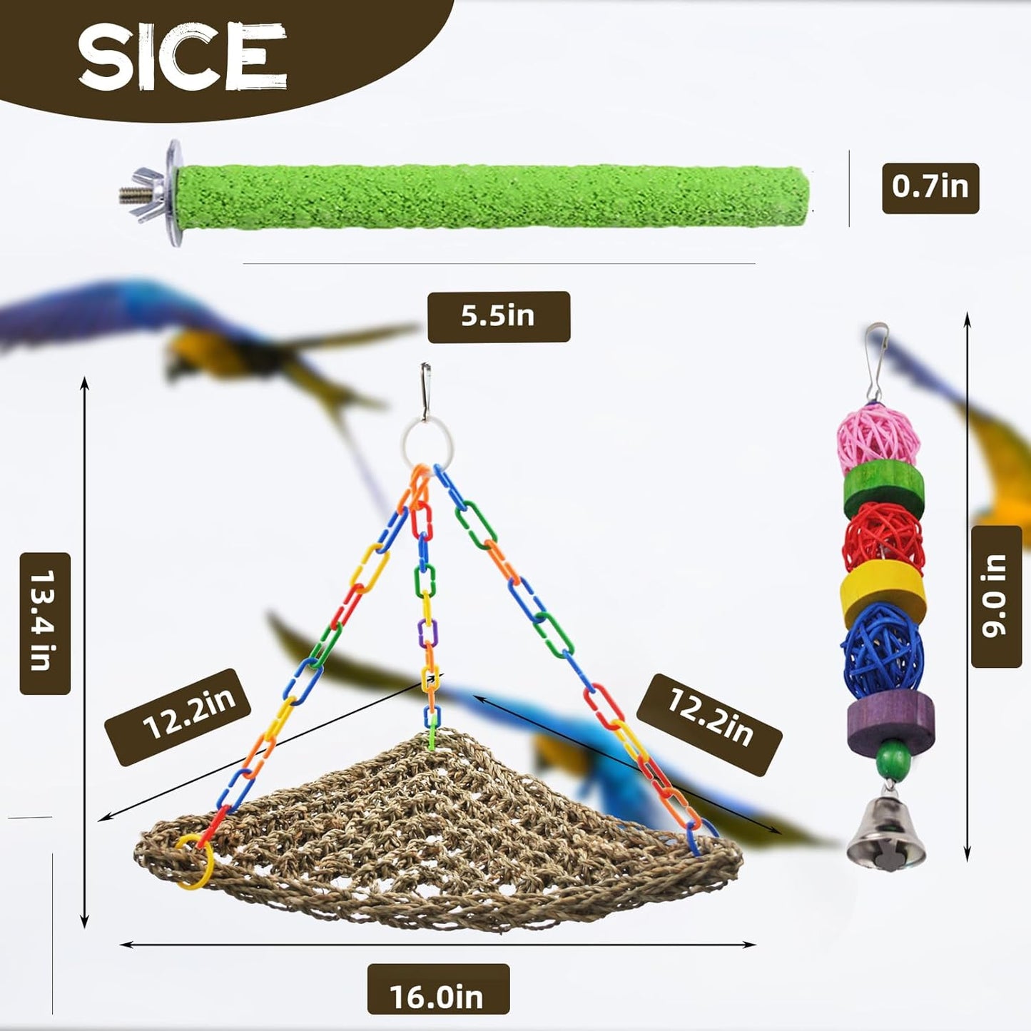 Bird Swing Toys,Parakeet Seagrass Mat,Edible Triangle Seagrass Hammock with Color Toys Handmade Woven Natural Grass Net Hanging on Parrot Cage for Budgies Lovebird Canary Cockatiel Finch Hamster