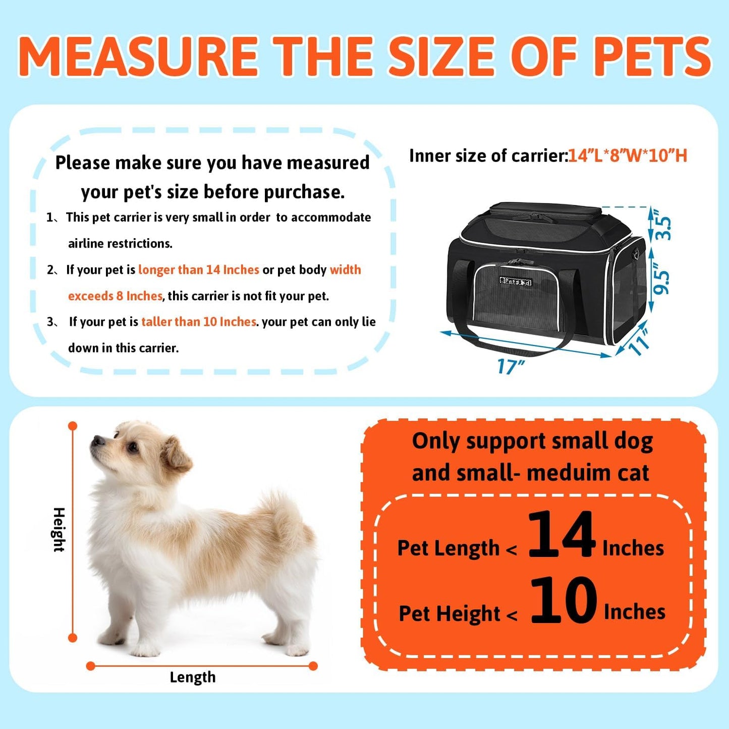 Petskd Top-Expandable Pet Carrier 17x11x9.5 Inches Alaska Airline Approved, Soft-Sided Carrier for Small Cats and Dogs with Locking Safety Zippers and Anti-Scratch Mesh(Black)