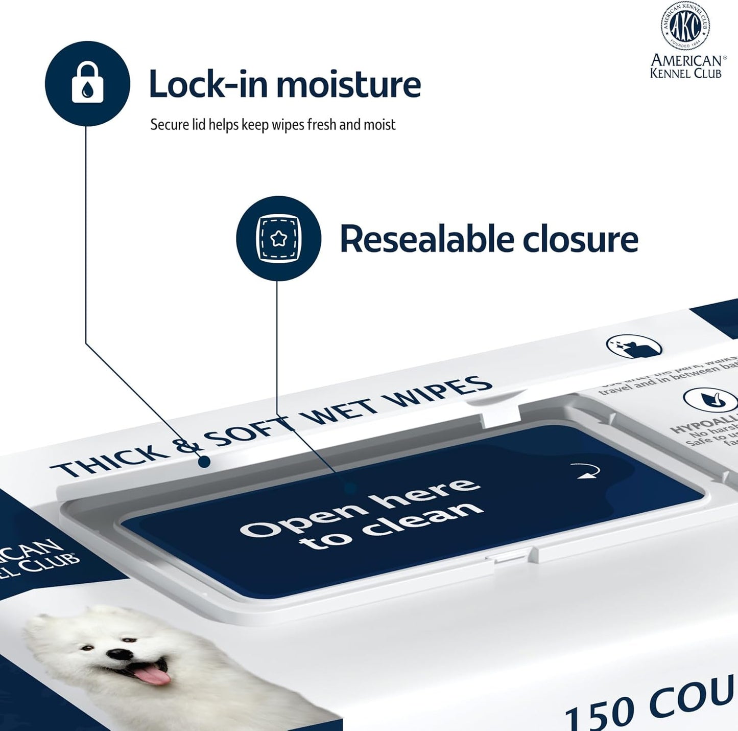 AKC Pet Wipes for Dogs & Cats – Hypoallergenic, Alcohol-Free Wipes for Paws, Face, Ears & Coat – Thick, Gentle Cleaning with Natural Aloe – Available in Lavender, Fresh & Oatmeal Scents